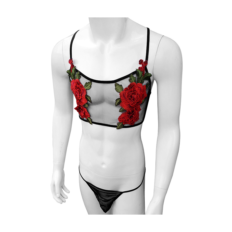 Sheer Mesh Bra - Sexy Embroidery Mens See Through Sheer