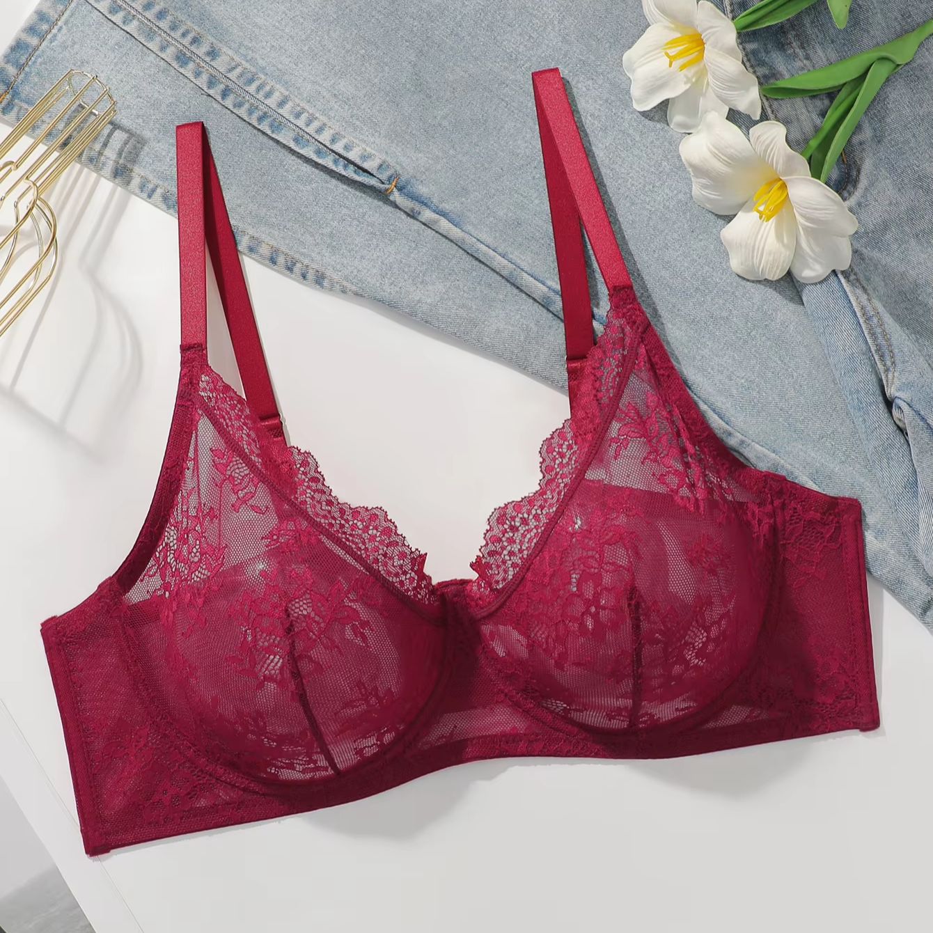 Women Plus Size Red Lace Sheer - огляд і ціна Full Coverage Bra